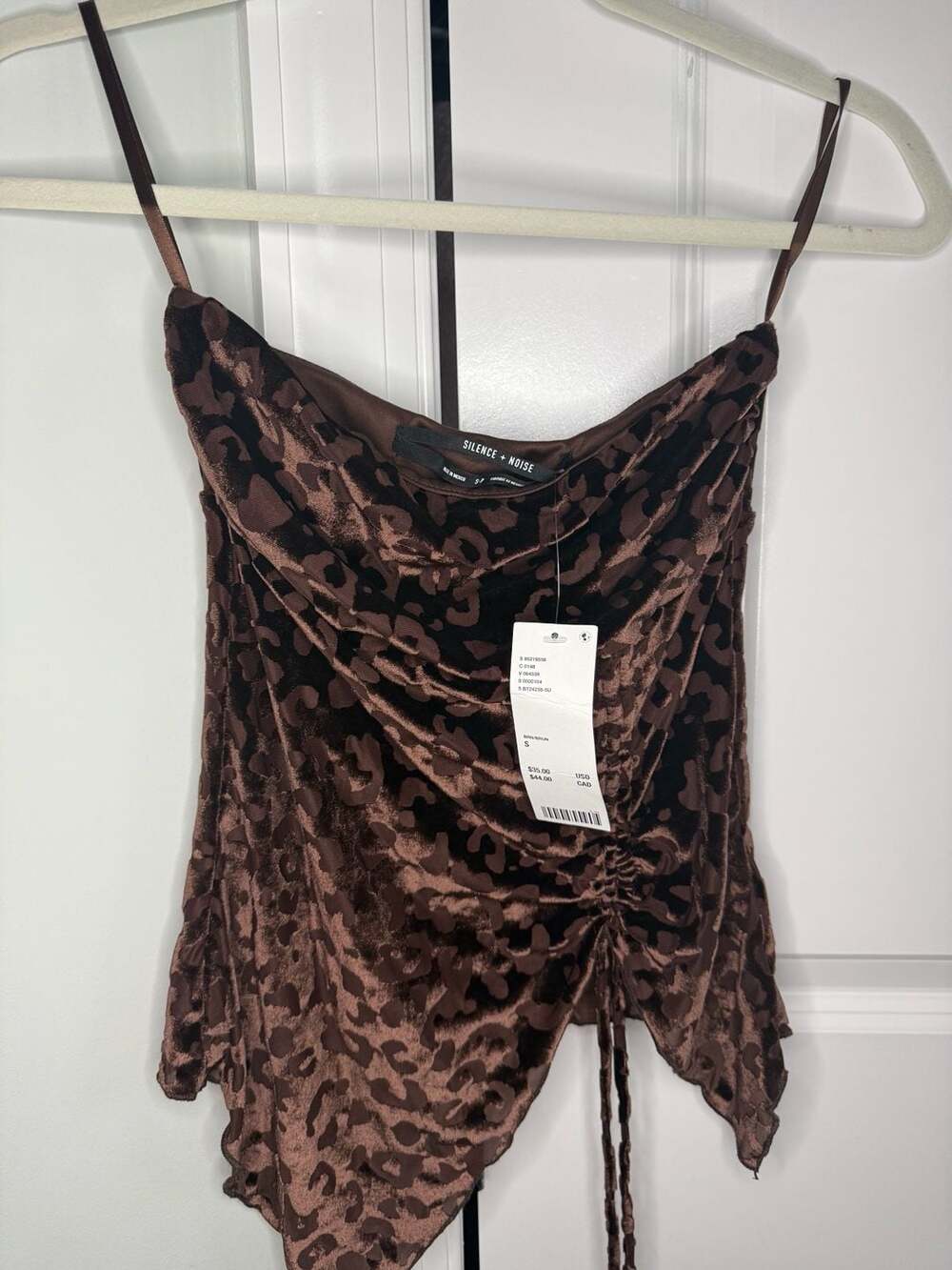 Silence + Noise Brown Velvet Leopard Print Cowl Neck Ruched Camisole Top
